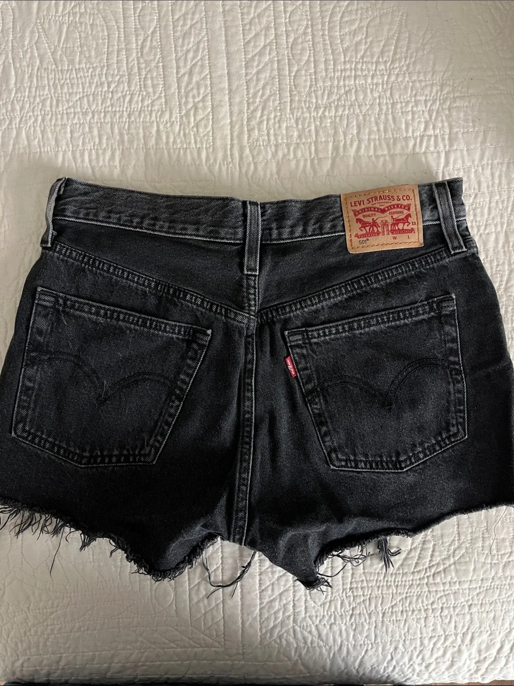 Levi’s 501 Original High Rise Denim Shorts Washed Black Frayed Cutoff Size 27